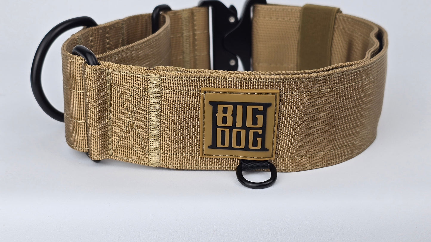 Tan 2 inch heavy duty martingale style dog collar with black hardware with The Big Dog Collar logo.