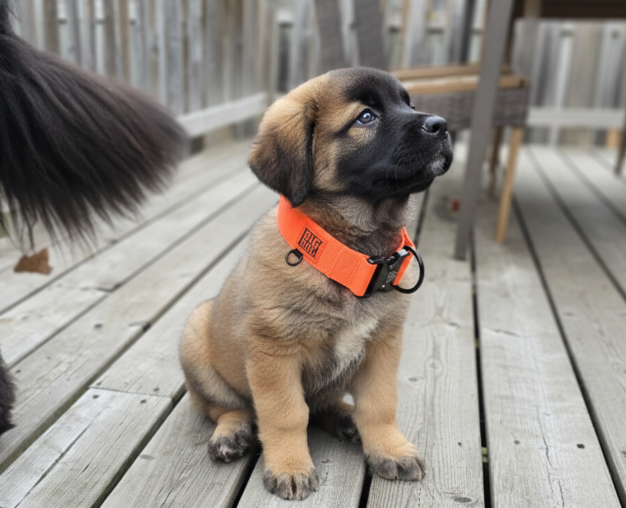Orange 2 inch heavy duty dog collar with black hardware with The Big Dog Collar logo.