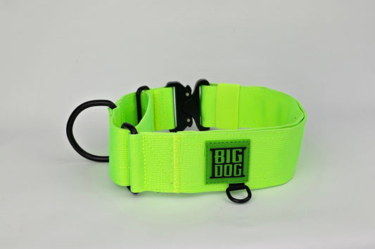 Neon green 2 inch heavy duty martingale style dog collar with black hardware with The Big Dog Collar logo.