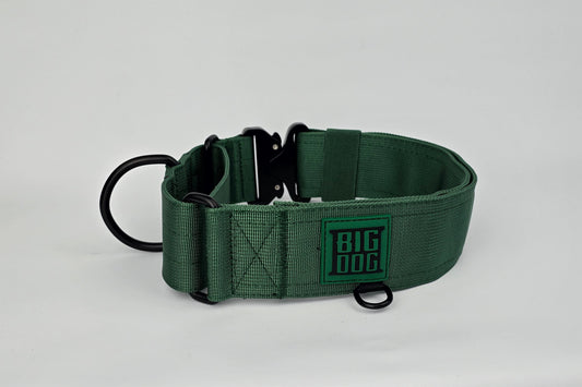 Forest green 2 inch heavy duty martingale style dog collar with black hardware with The Big Dog Collar logo.
