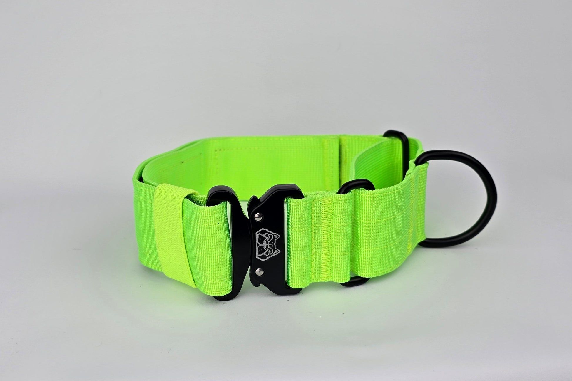 Neon green 2 inch heavy duty martingale style dog collar with black hardware with The Big Dog Collar logo.