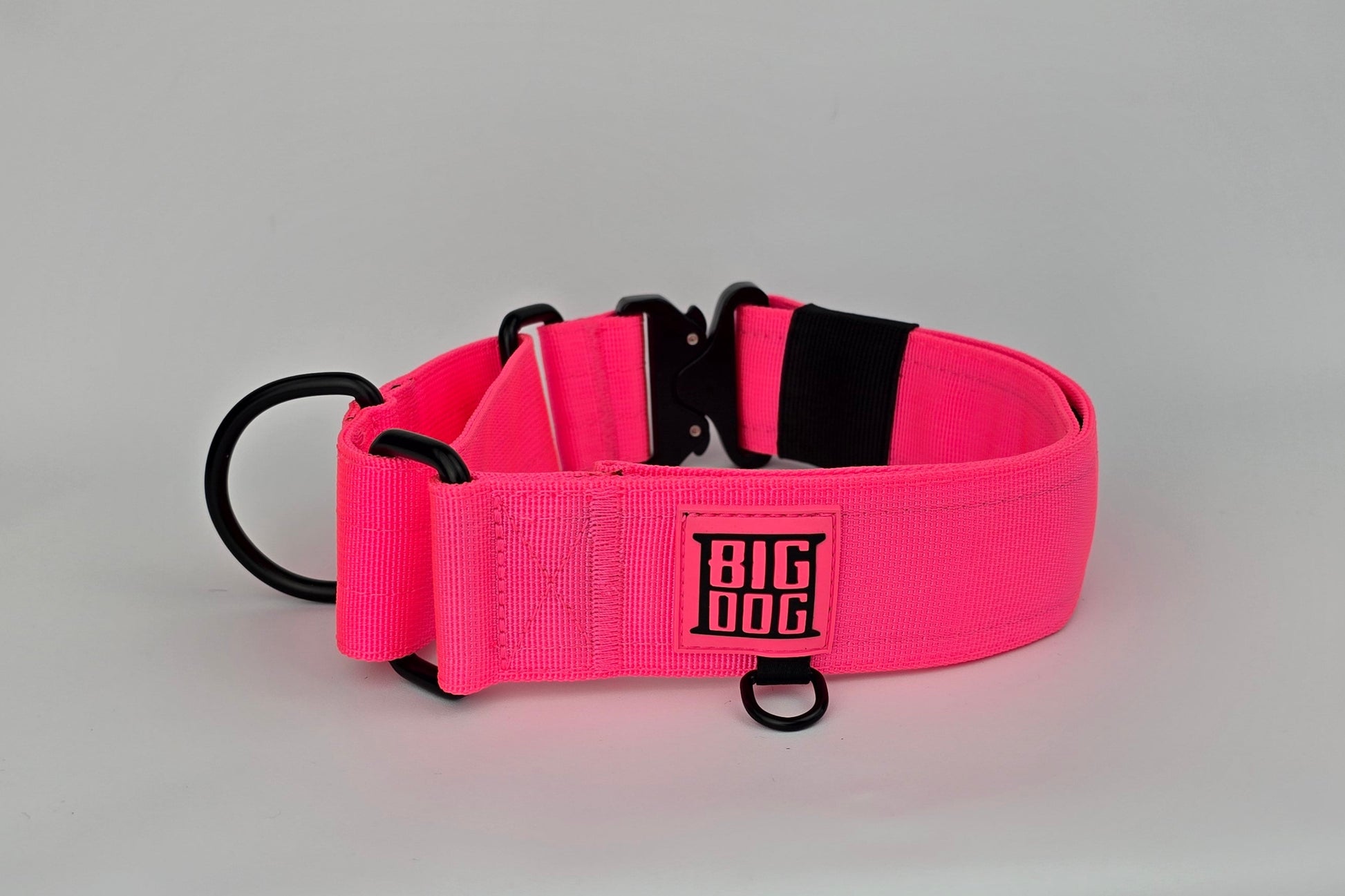 Pink 2 inch heavy duty martingale style dog collar with black hardware with The Big Dog Collar logo.