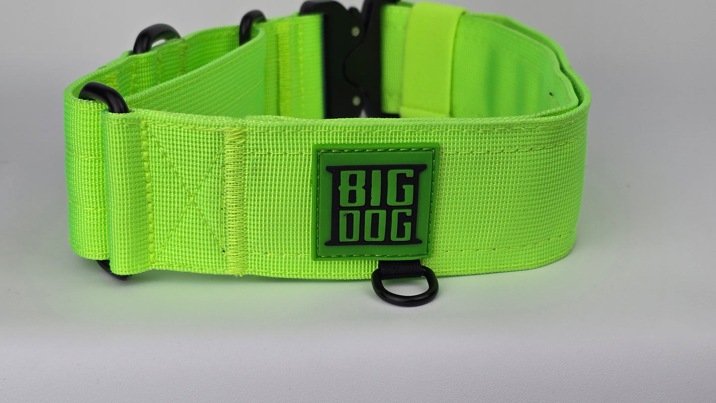 Neon green 2 inch heavy duty martingale style dog collar with black hardware with The Big Dog Collar logo.
