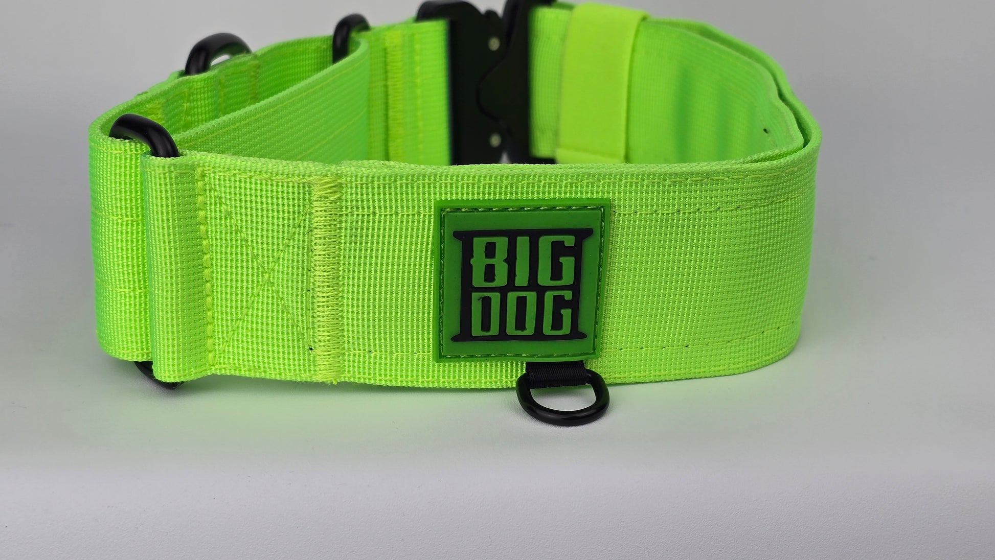 Neon green 2 inch heavy duty martingale style dog collar with black hardware with The Big Dog Collar logo.