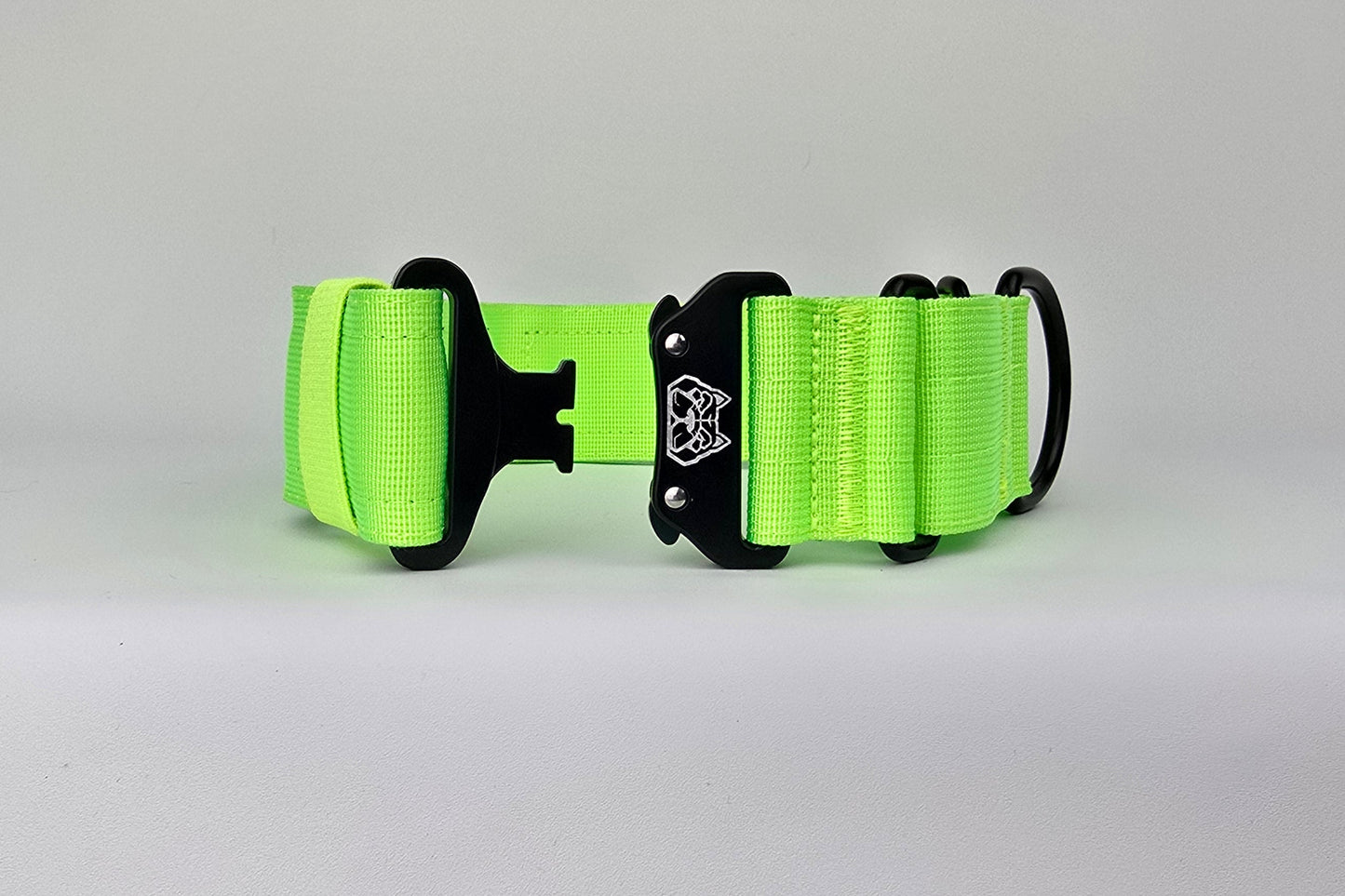 Neon green 2 inch heavy duty martingale style dog collar with black hardware with The Big Dog Collar logo.