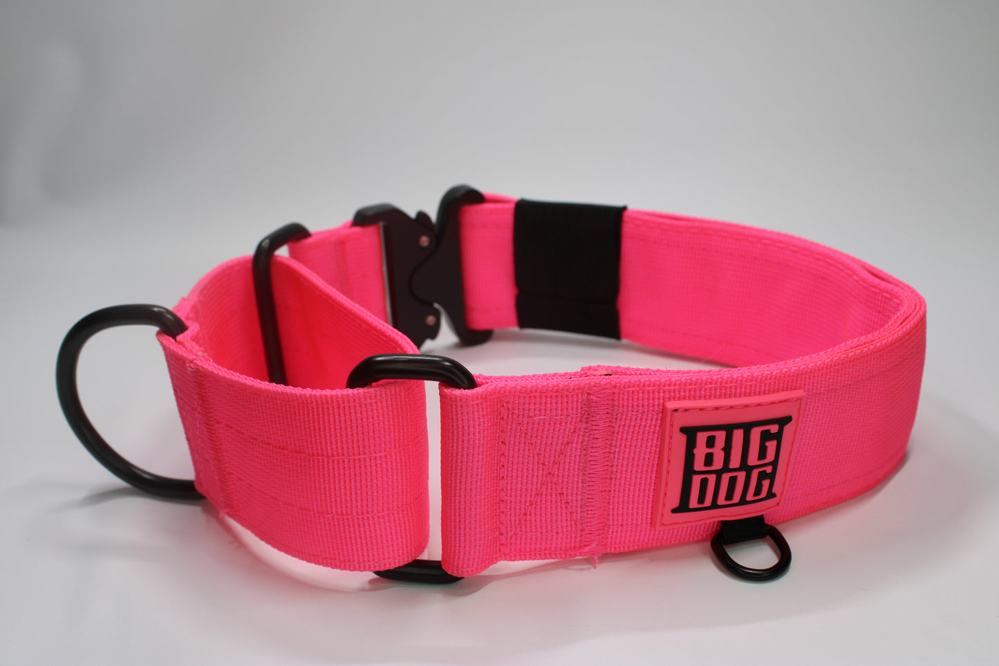 Pink 2 inch heavy duty martingale style dog collar with black hardware with The Big Dog Collar logo.