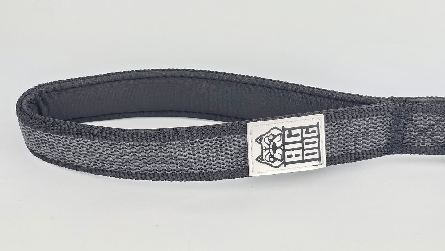 Black on black dog traffic handle with The Big Dog Company logo on a white background. Heavy duty. Nylon, rubber, neoprene.