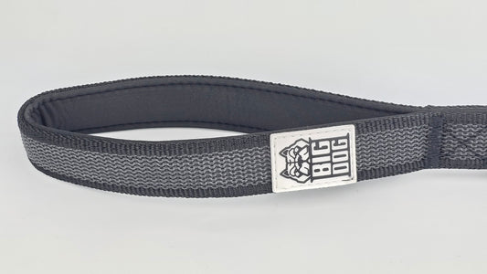 Black on black dog traffic handle with The Big Dog Company logo on a white background. Heavy duty. Nylon, rubber, neoprene.