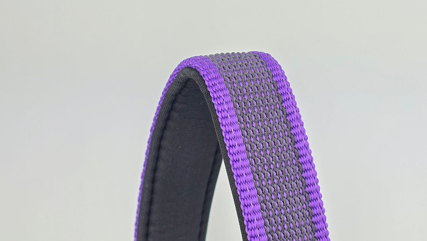 Purple and black dog handle with a The Big Dog Company logo. Neoprene, rubber, nylon. Heavy duty, high quality. 