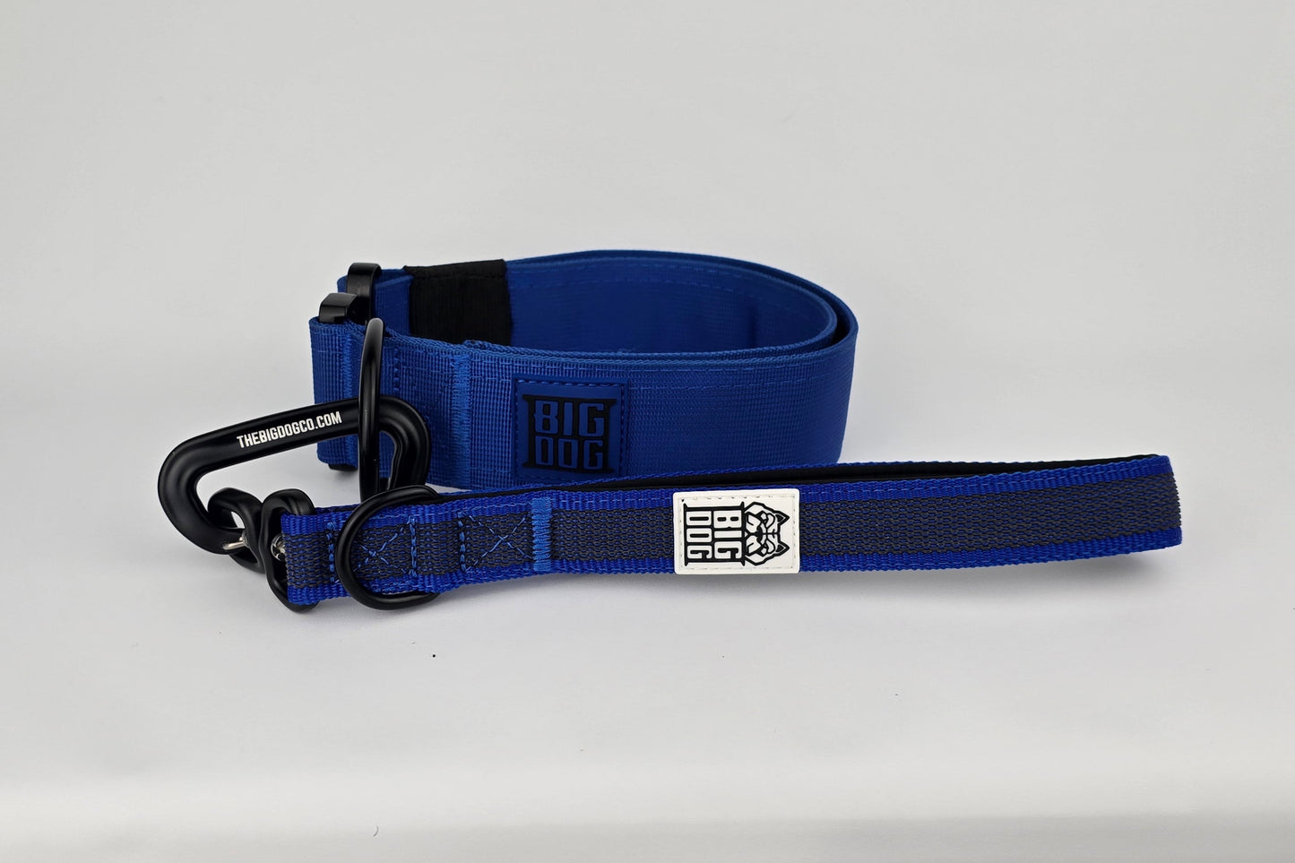 Blue and black dog handle with a The Big Dog Company logo. Neoprene, rubber, nylon. Heavy duty, high quality. With blue heavy duty 2 inch dog collar.