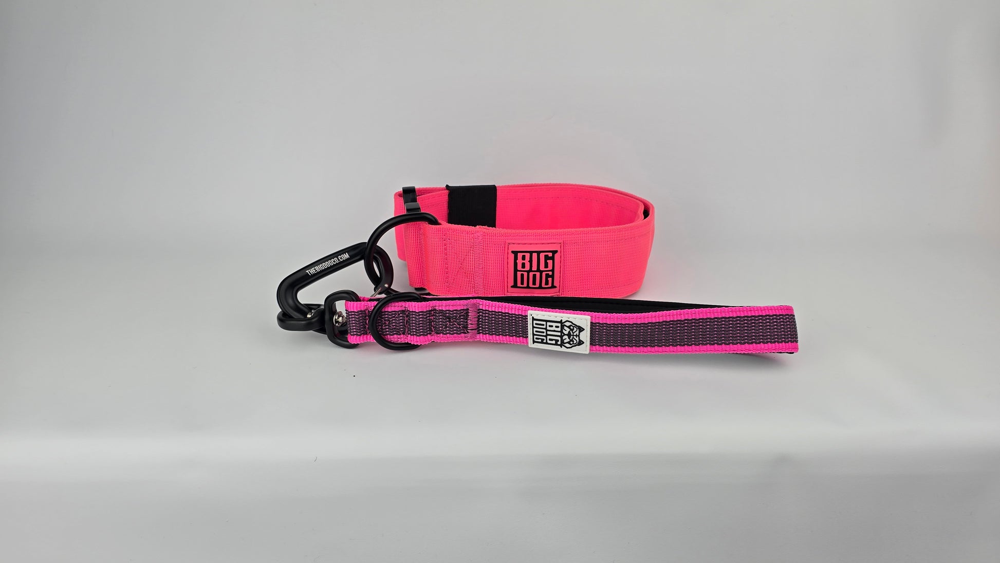Pink and black dog traffic handle with The Big Dog Company logo on a white background. Heavy duty. Nylon, rubber, neoprene. With 2: heavy duty dog collar.