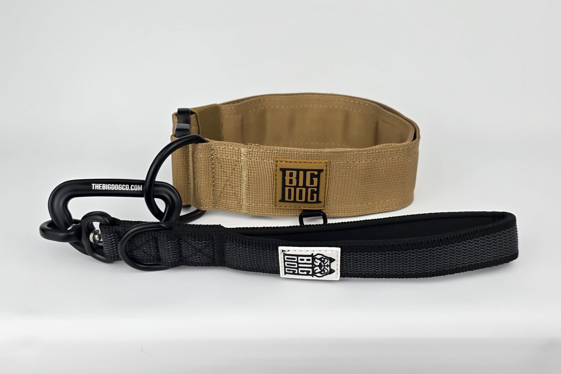 Black on black dog traffic handle with The Big Dog Company logo on a white background. Heavy duty. Nylon, rubber, neoprene. With 2 inch Tan heavy duty dog collar.