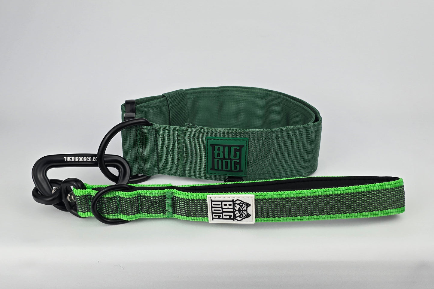 Green and black dog traffic handle with The Big Dog Company logo on a white background. Heavy duty. Nylon, rubber, neoprene. with forest Green heavy duty 2 inch dog collar.