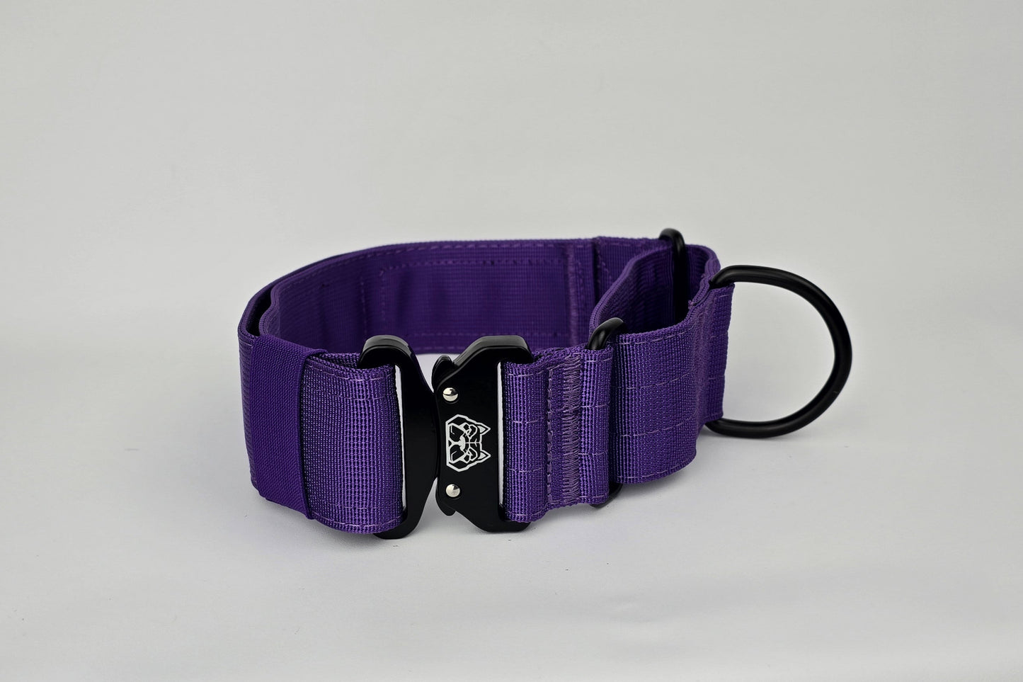 Purple 2 inch heavy duty martingale style dog collar with black hardware with The Big Dog Collar logo.