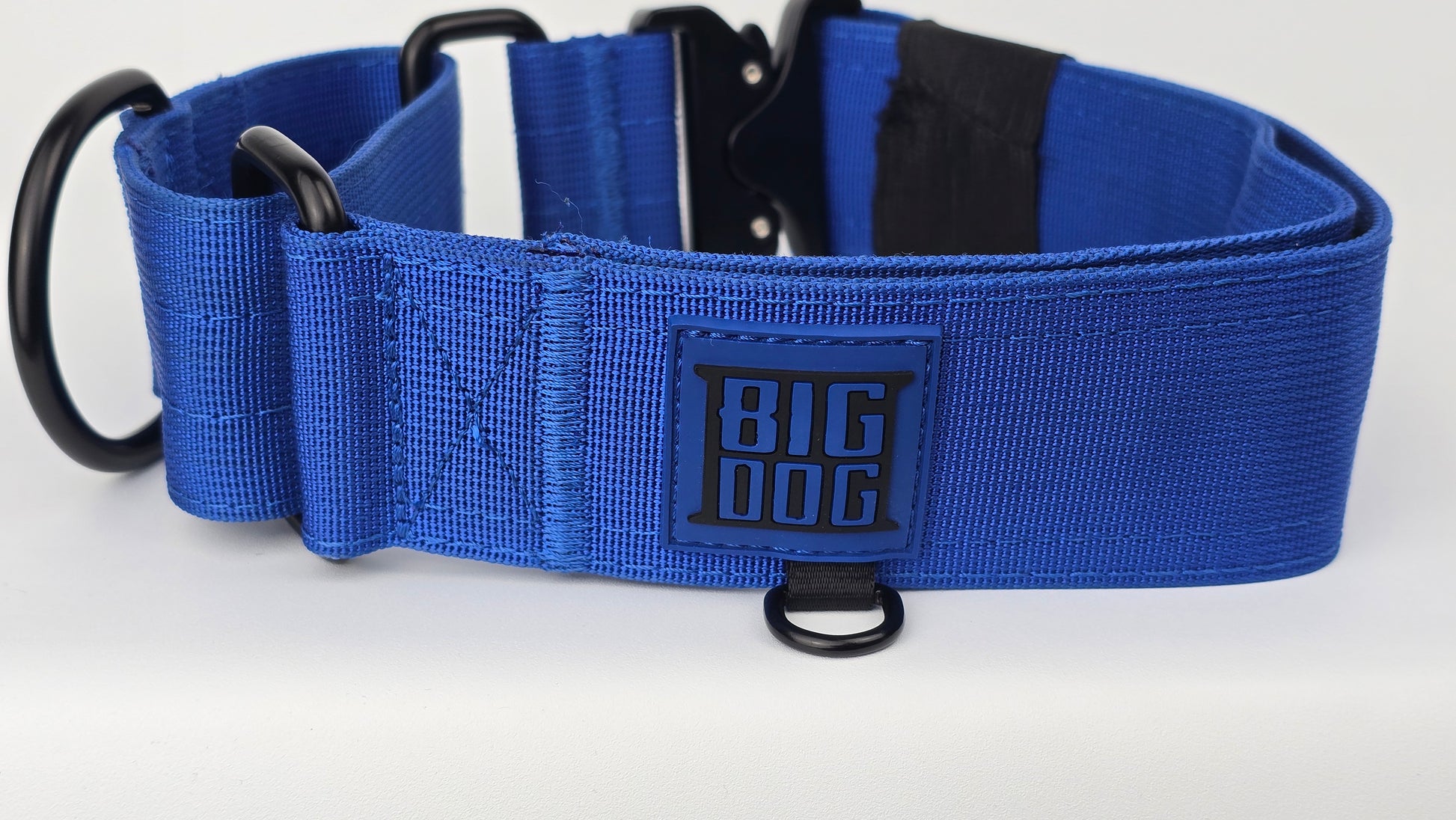 blue 2 inch heavy duty martingale style dog collar with black hardware with The Big Dog Collar logo.