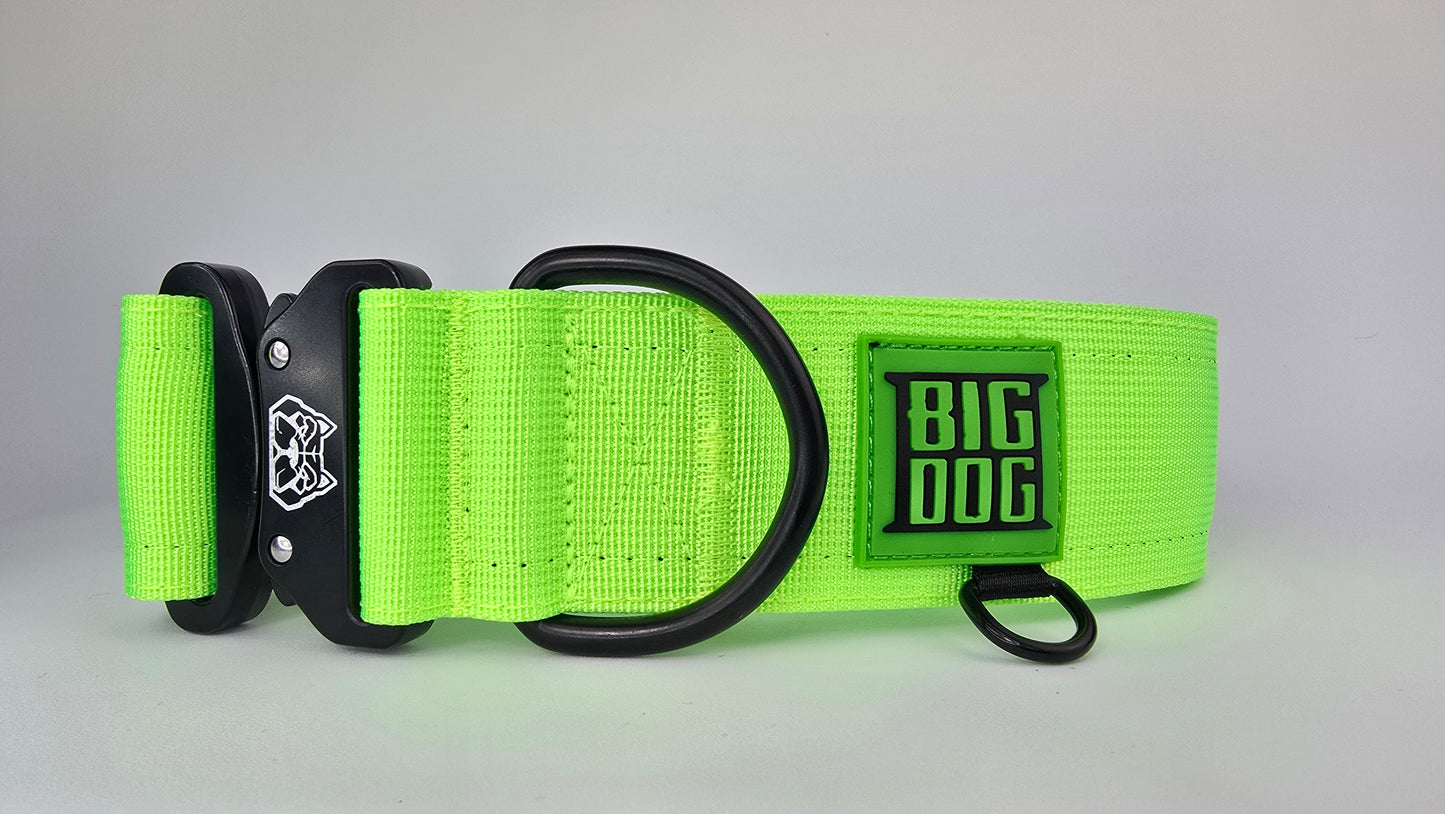 Neon Green 2 inch heavy duty dog collar with black hardware with The Big Dog Collar logo.
