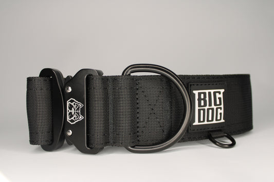 Black 2 inch heavy duty dog collar with black hardware with The Big Dog Collar logo.