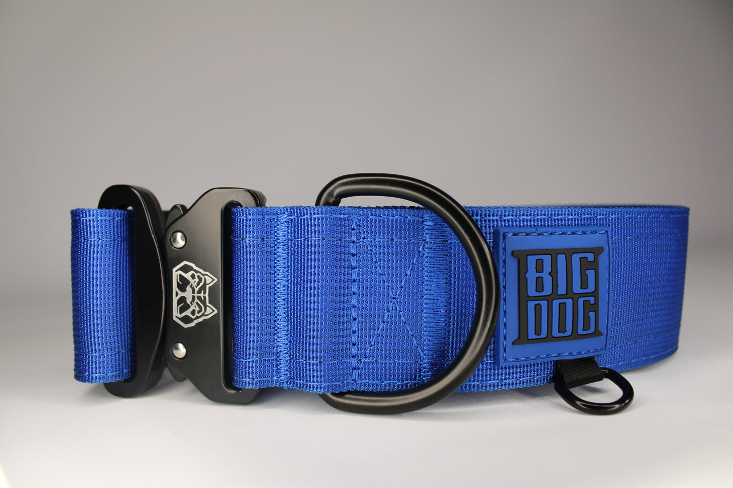 Blue 2 inch heavy duty dog collar with black hardware with The Big Dog Collar logo.