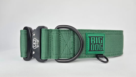 Forest green 2 inch heavy duty dog collar with black hardware with The Big Dog Collar logo.