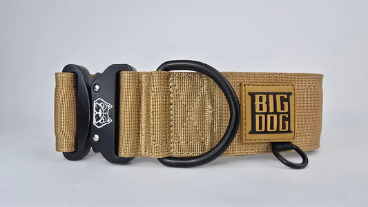 Tan 2 inch heavy duty dog collar with black hardware with The Big Dog Collar logo.