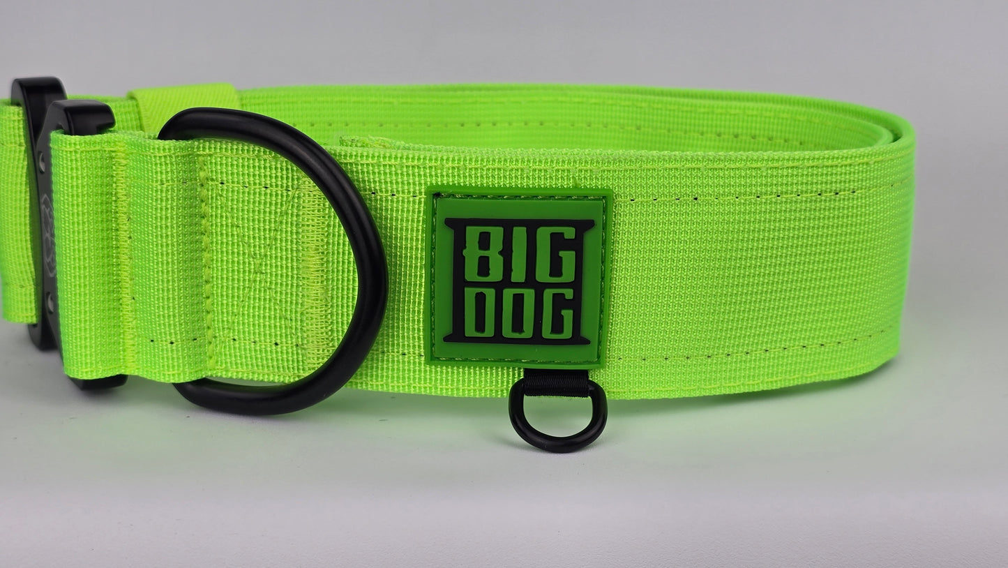 Neon Green 2 inch heavy duty dog collar with black hardware with The Big Dog Collar logo.