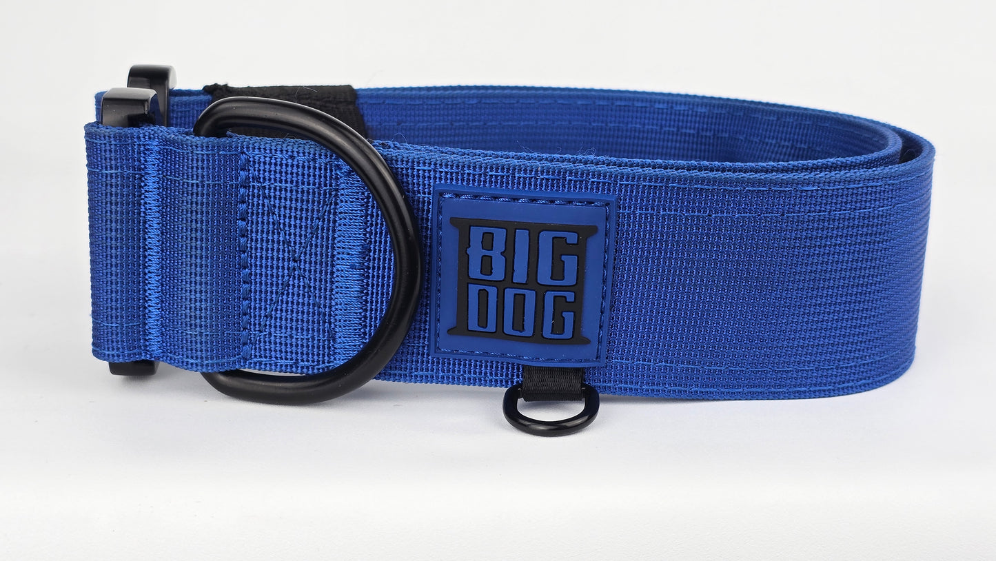 Blue 2 inch heavy duty dog collar with black hardware with The Big Dog Collar logo.