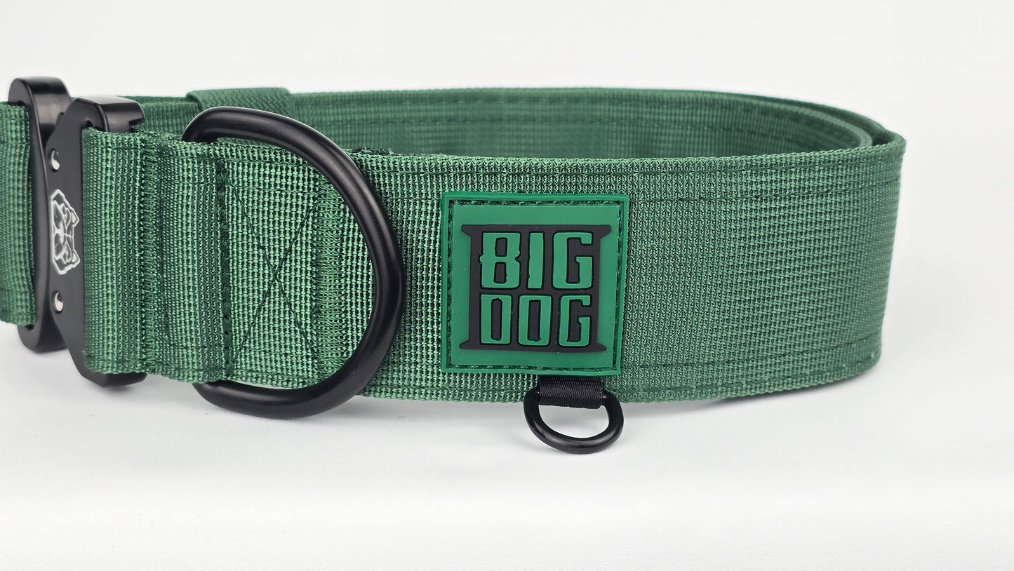 Forest green 2 inch heavy duty dog collar with black hardware with The Big Dog Collar logo.