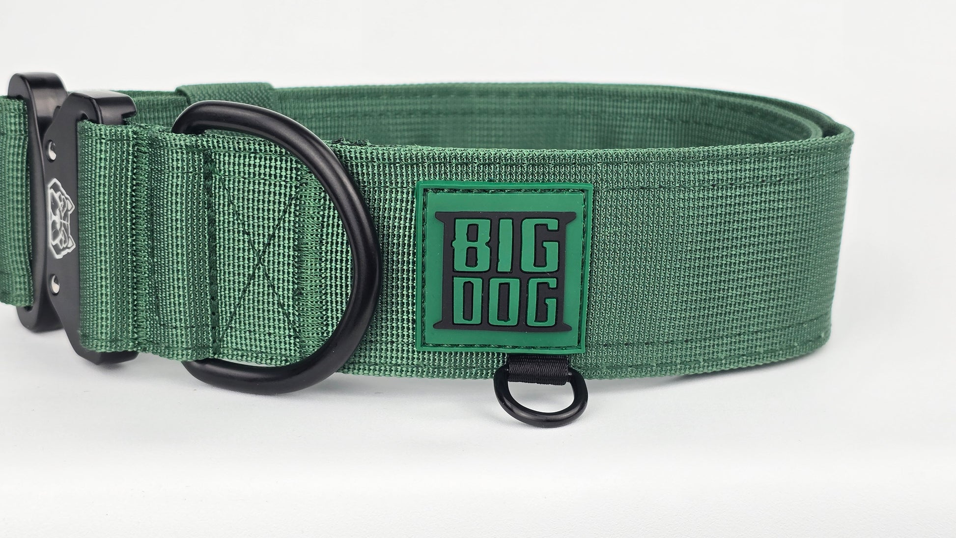 Forest green 2 inch heavy duty dog collar with black hardware with The Big Dog Collar logo.