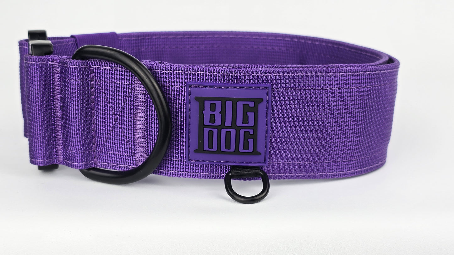 Purple 2 inch heavy duty dog collar with black hardware with The Big Dog Collar logo.