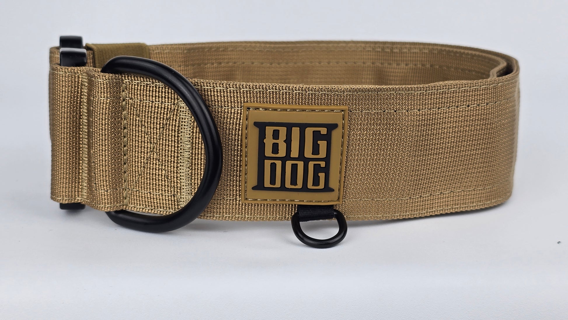 Tan 2 inch heavy duty dog collar with black hardware with The Big Dog Collar logo.