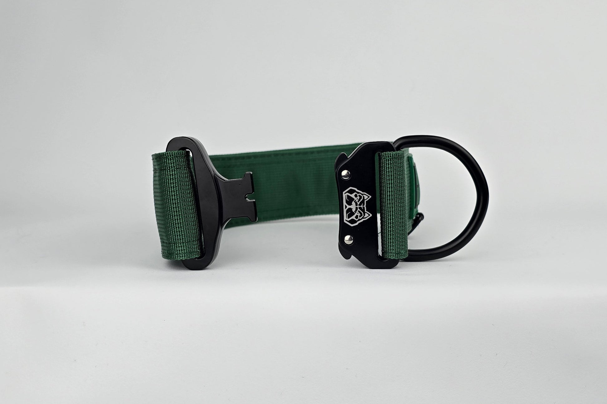 Forest green 2 inch heavy duty dog collar with black hardware with The Big Dog Collar logo.