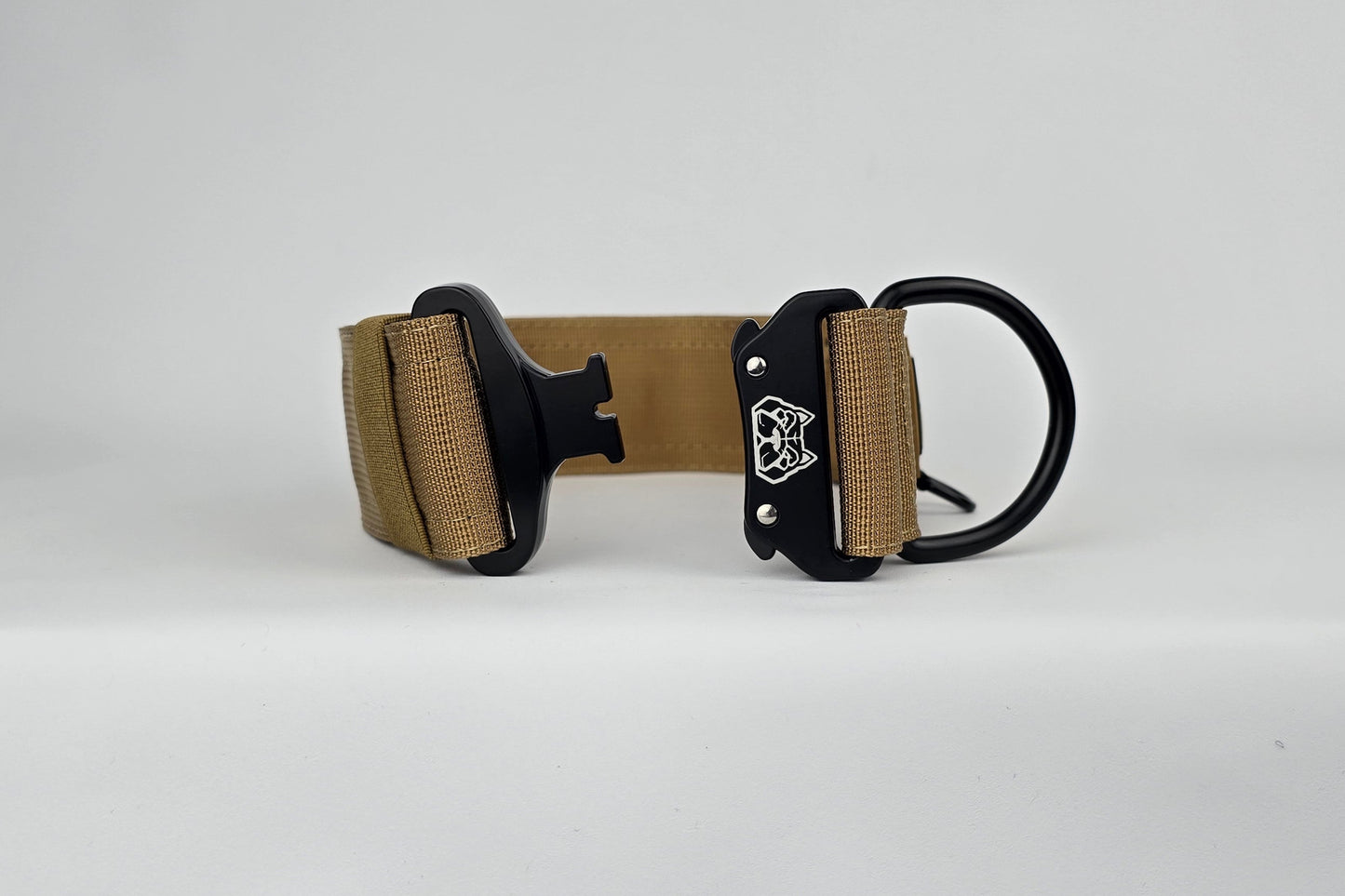 Tan 2 inch heavy duty dog collar with black hardware with The Big Dog Collar logo.