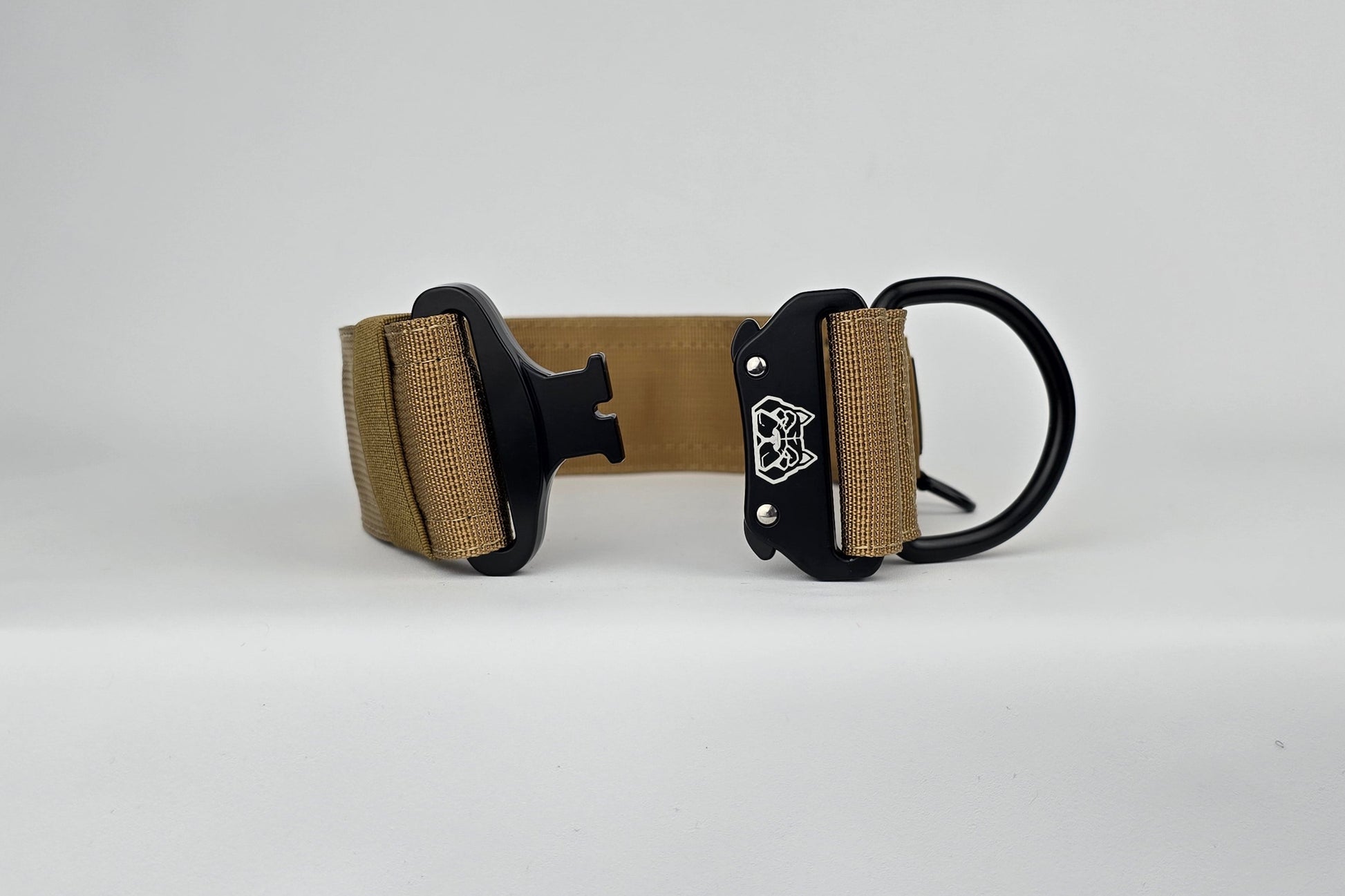Tan 2 inch heavy duty dog collar with black hardware with The Big Dog Collar logo.