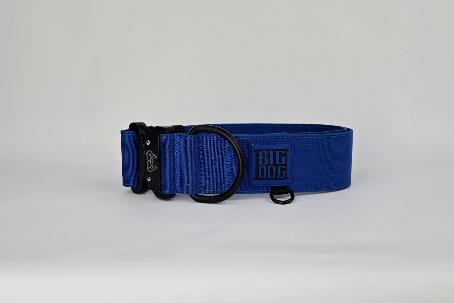 Blue 2 inch heavy duty dog collar with black hardware with The Big Dog Collar logo.