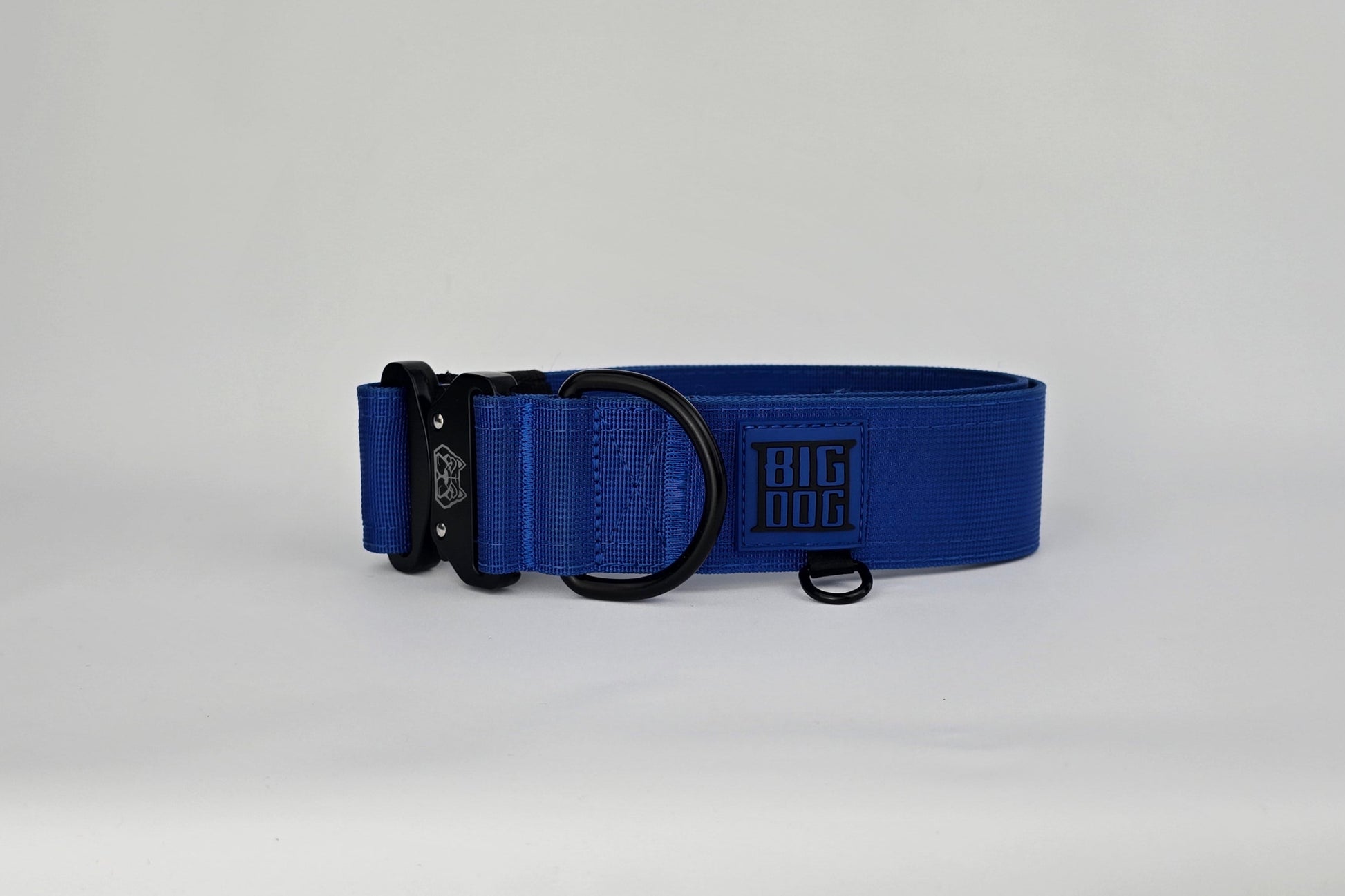 Blue 2 inch heavy duty dog collar with black hardware with The Big Dog Collar logo.