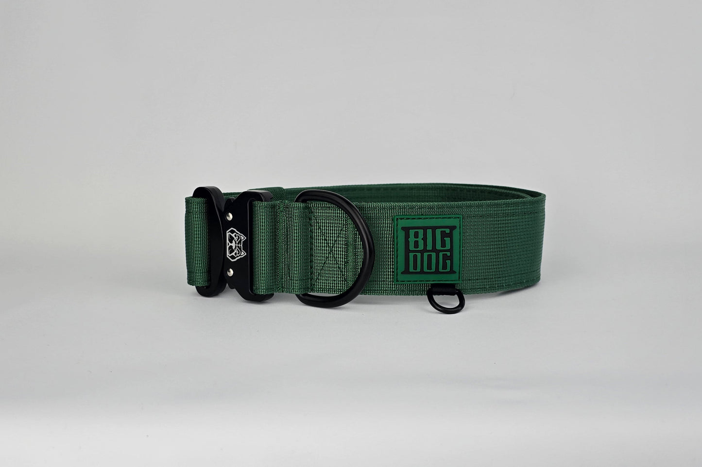 Forest green 2 inch heavy duty dog collar with black hardware with The Big Dog Collar logo.