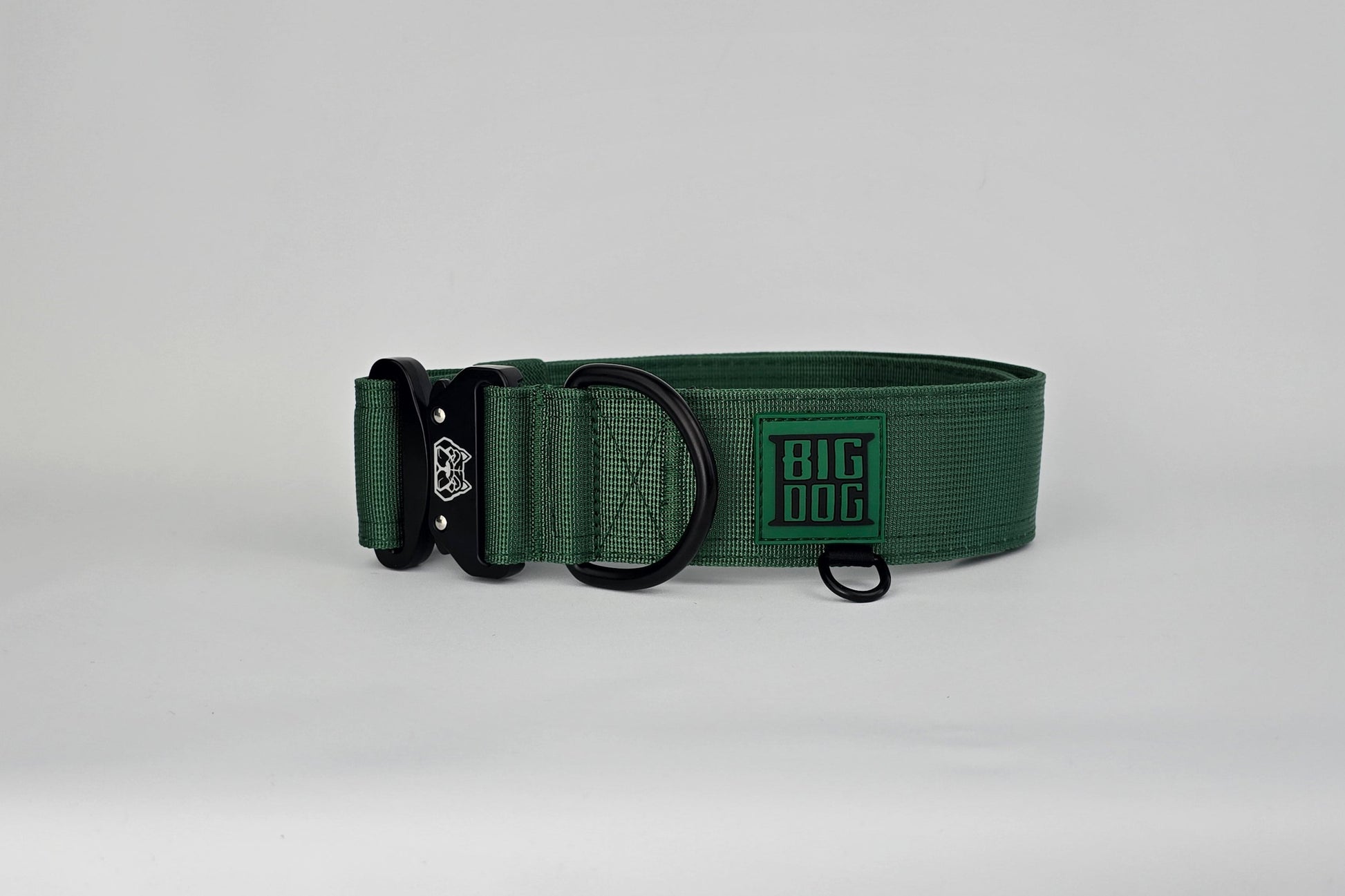Forest green 2 inch heavy duty dog collar with black hardware with The Big Dog Collar logo.