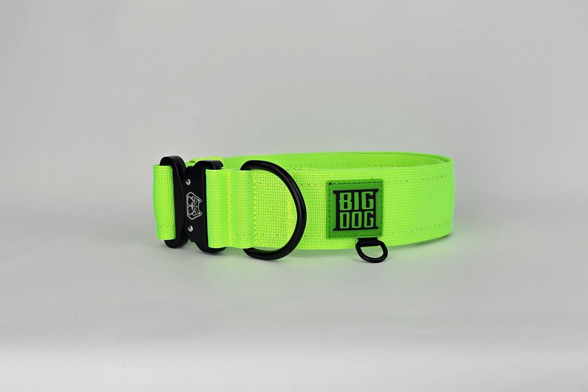 Neon Green 2 inch heavy duty dog collar with black hardware with The Big Dog Collar logo.