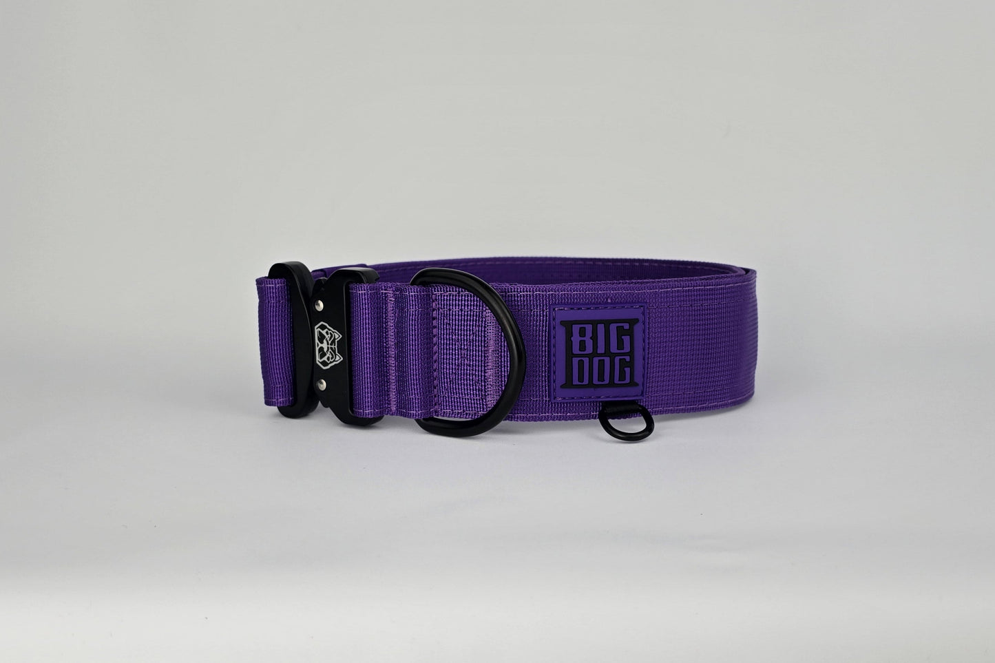 Purple 2 inch heavy duty dog collar with black hardware with The Big Dog Collar logo.