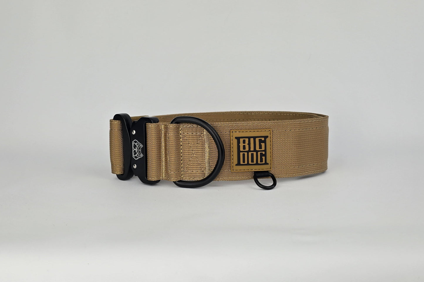Tan 2 inch heavy duty dog collar with black hardware with The Big Dog Collar logo.