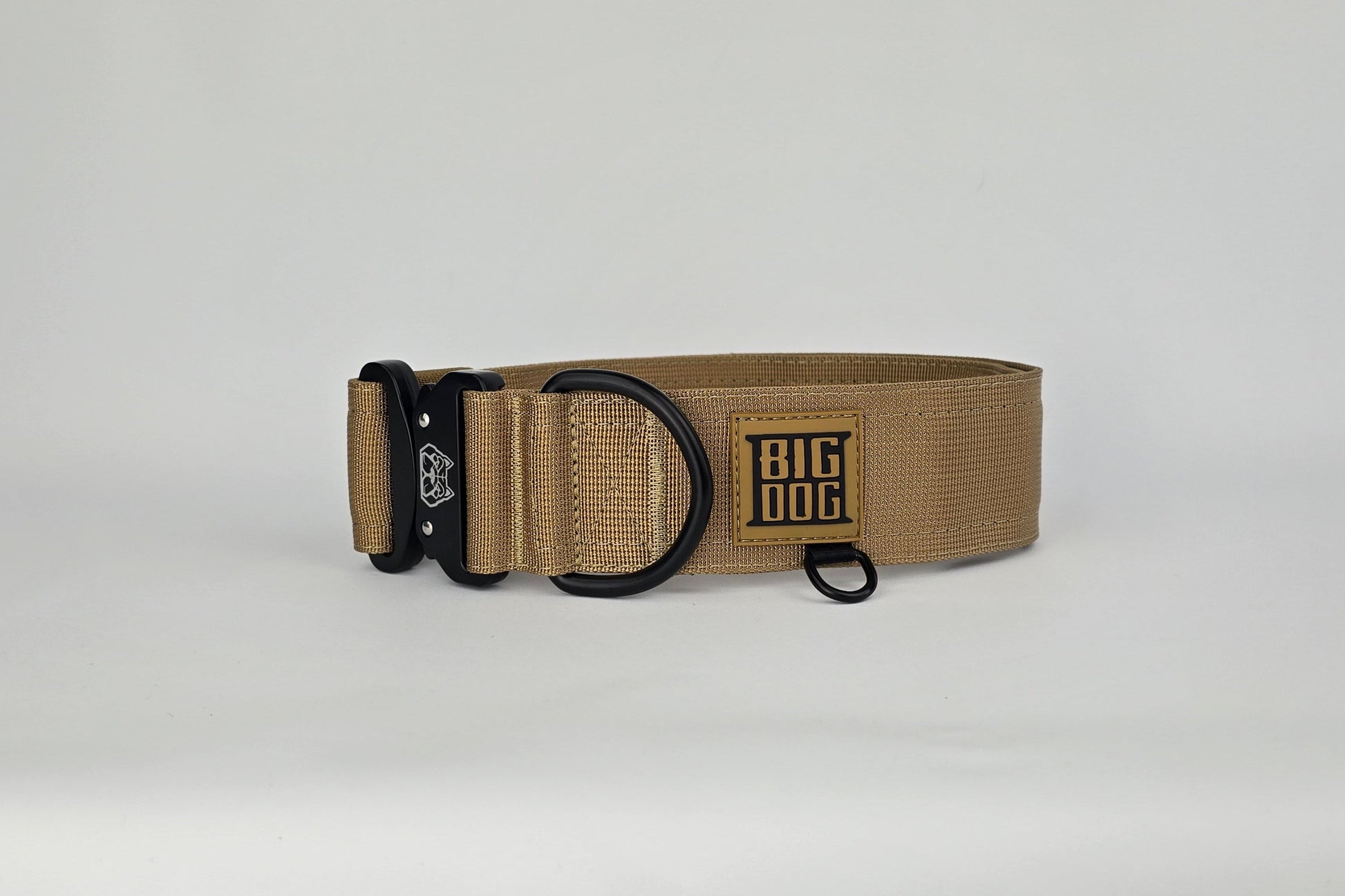 Tan 2 inch heavy duty dog collar with black hardware with The Big Dog Collar logo.