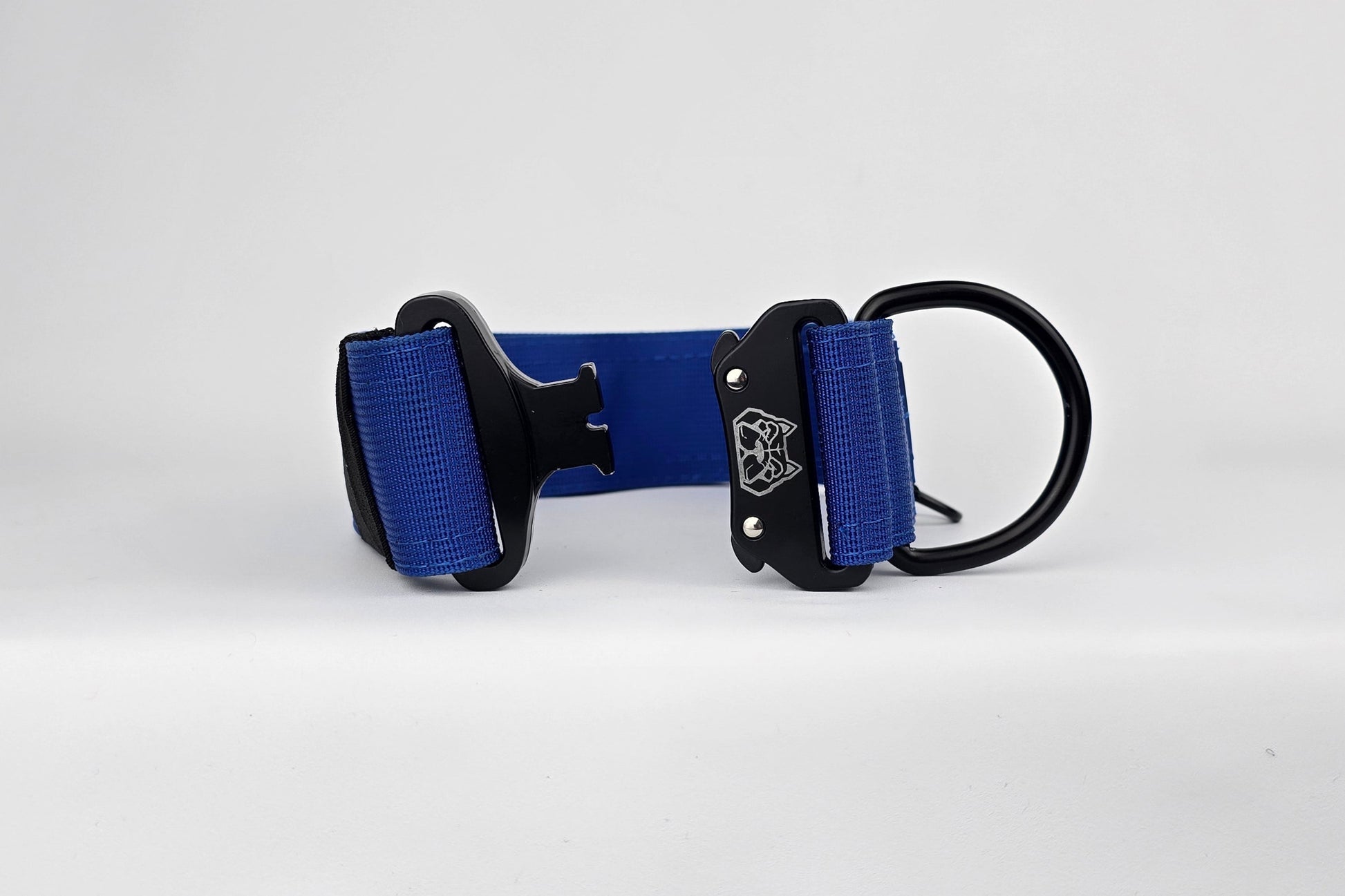 Blue 2 inch heavy duty dog collar with black hardware with The Big Dog Collar logo.