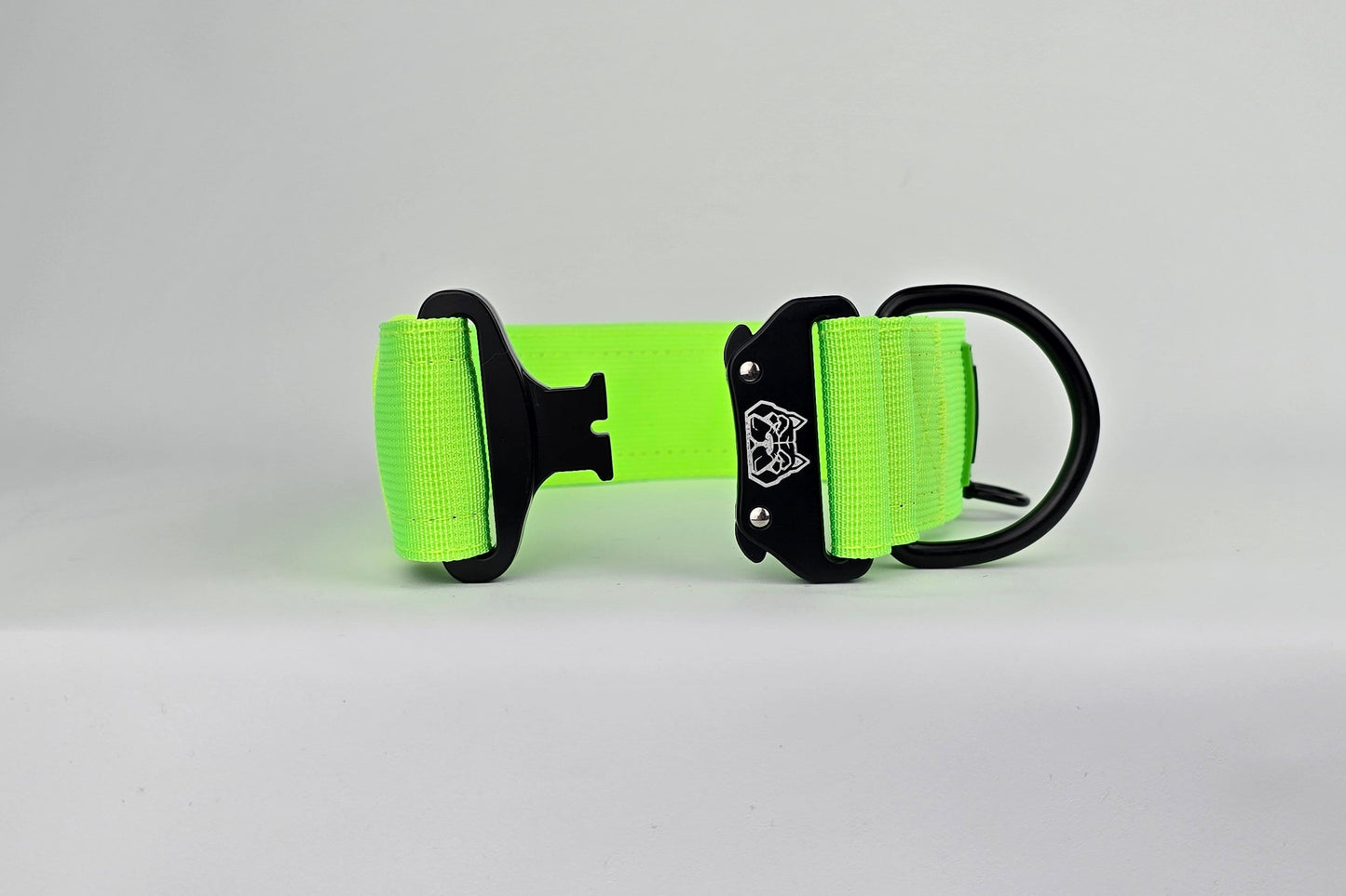 Neon Green 2 inch heavy duty dog collar with black hardware with The Big Dog Collar logo.