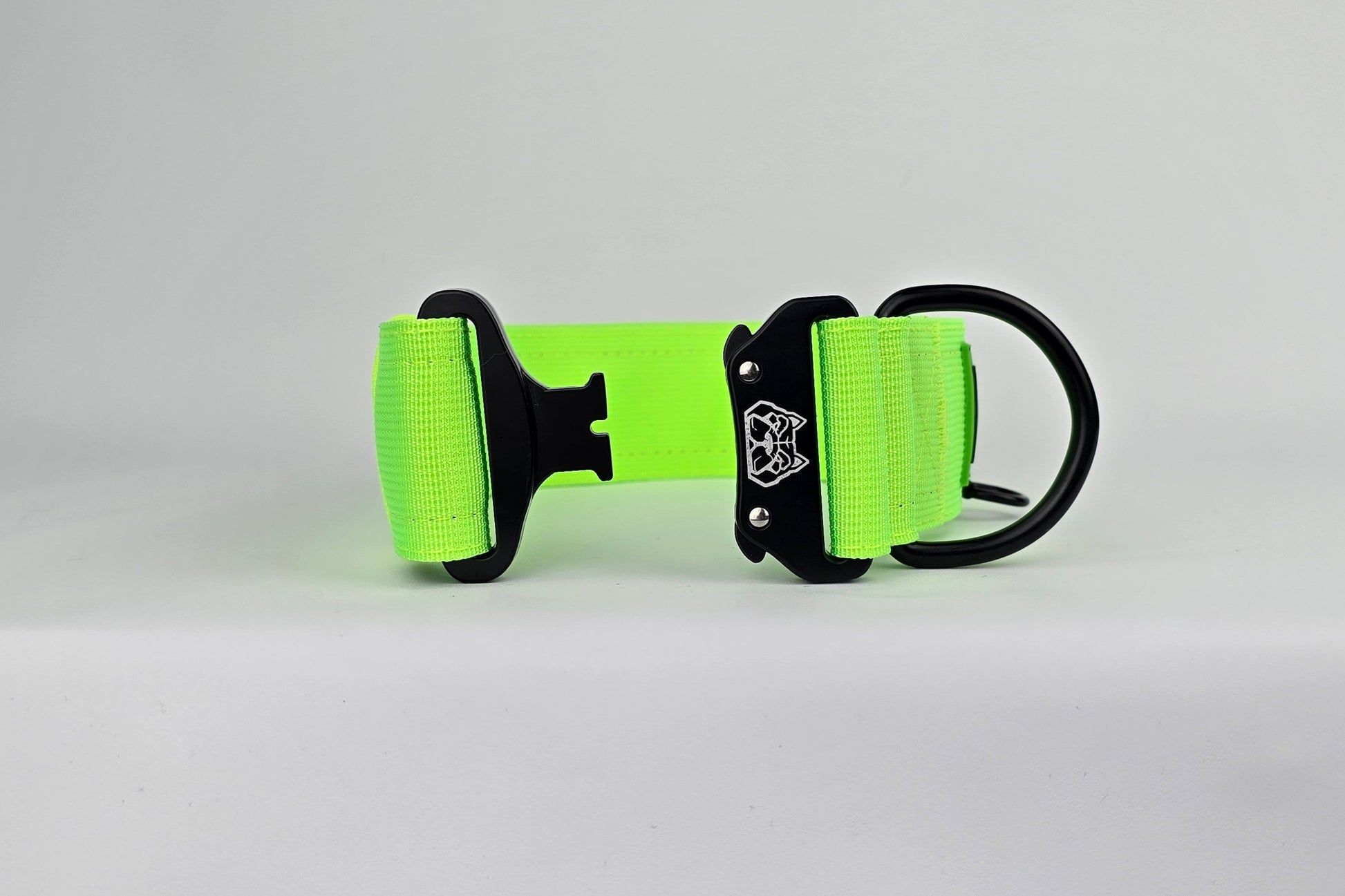 Neon Green 2 inch heavy duty dog collar with black hardware with The Big Dog Collar logo.