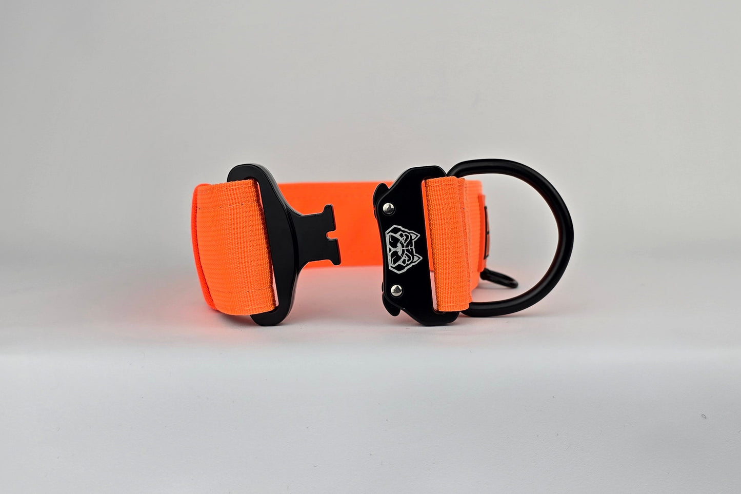 Orange 2 inch heavy duty dog collar with black hardware with The Big Dog Collar logo.