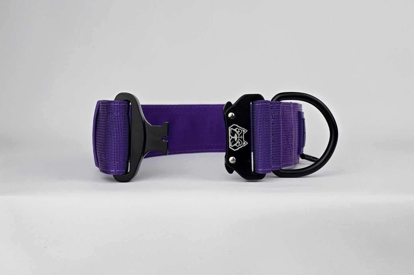 Purple 2 inch heavy duty dog collar with black hardware with The Big Dog Collar logo.