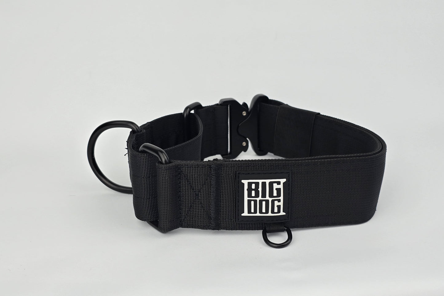 Black 2 inch heavy duty martingale style dog collar with black hardware with The Big Dog Collar logo.