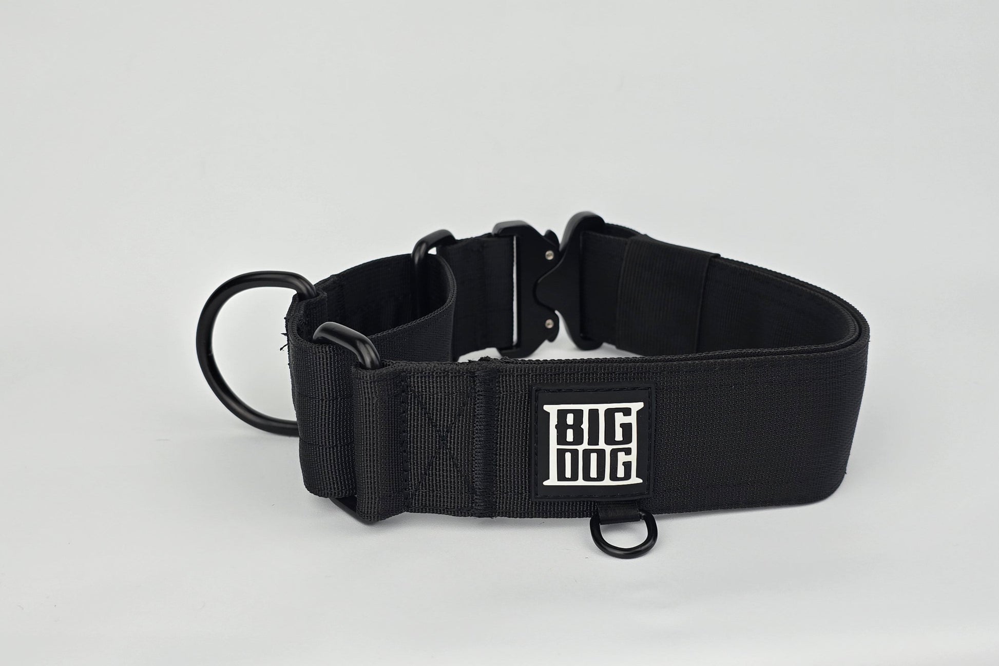 Black 2 inch heavy duty martingale style dog collar with black hardware with The Big Dog Collar logo.