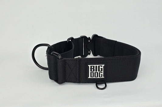 Black 2 inch heavy duty martingale style dog collar with black hardware with The Big Dog Collar logo.