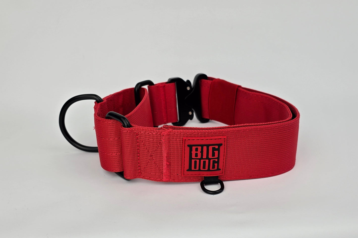 Red 2 inch heavy duty martingale style dog collar with black hardware with The Big Dog Collar logo.